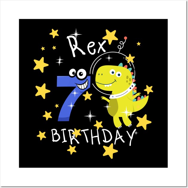 Kids 7th Birthday 7 Year Old Birthday Boy T Rex Dinosaur Space Wall Art by Johner_Clerk_Design